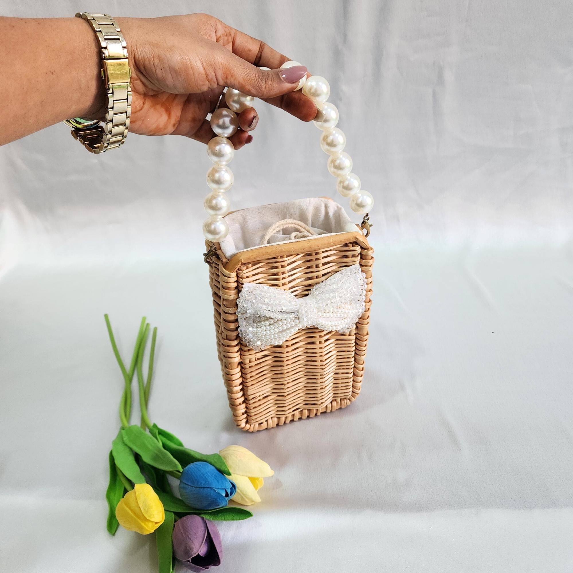 Wooden Rattan Bag with Pearl Sling
