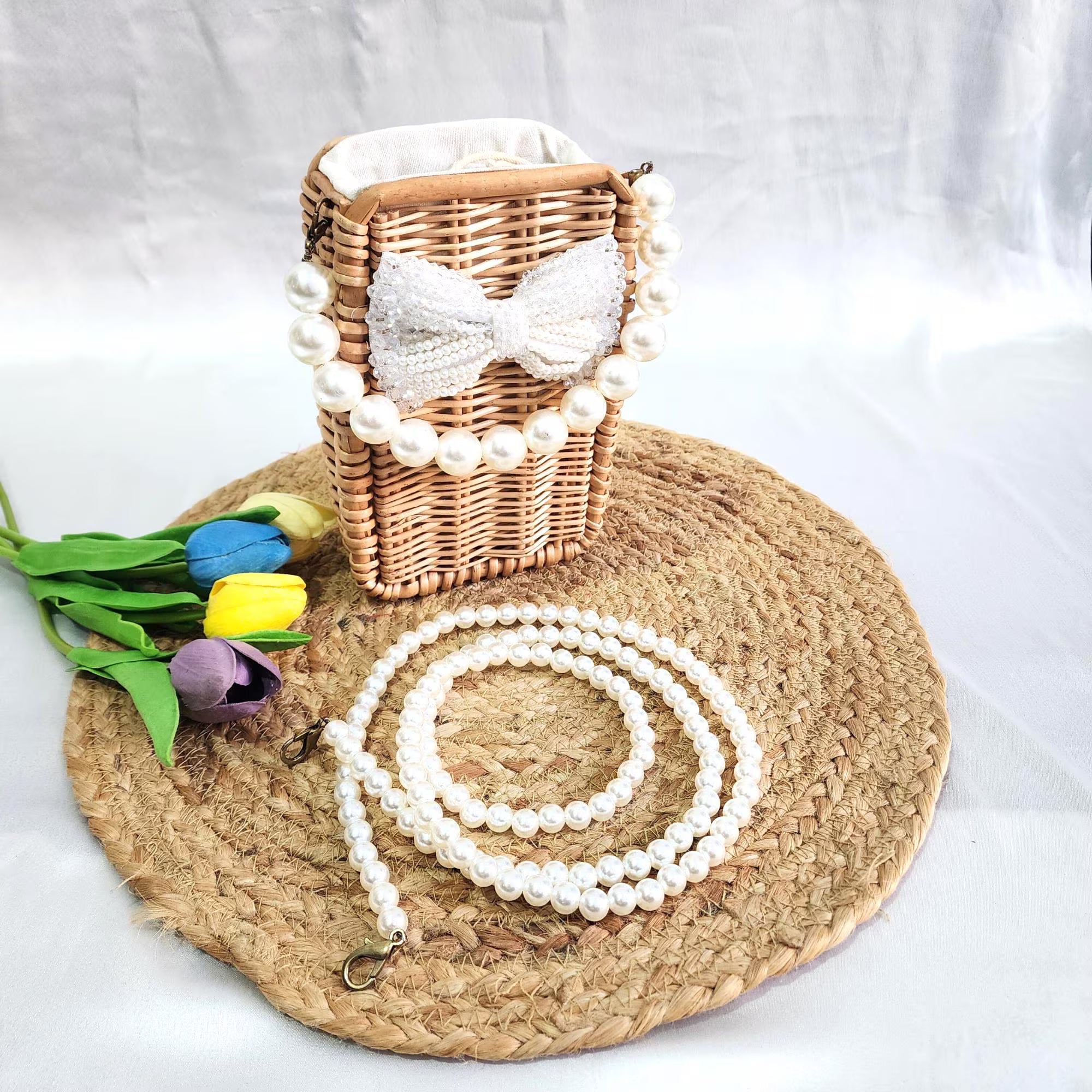 Wooden Rattan Bag with Pearl Sling