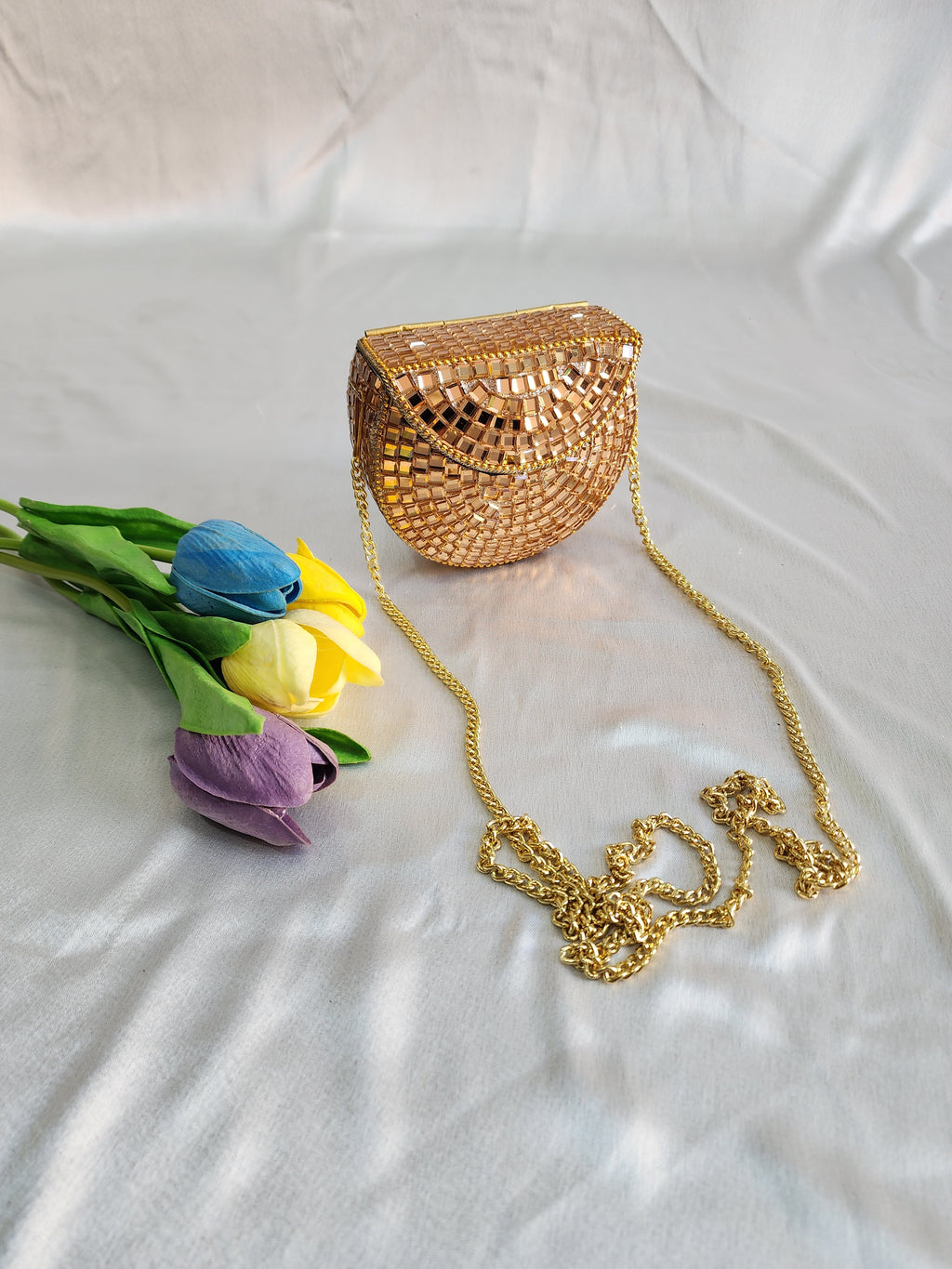 Handmade Rose Gold Mirror Clutch Purse with Sling