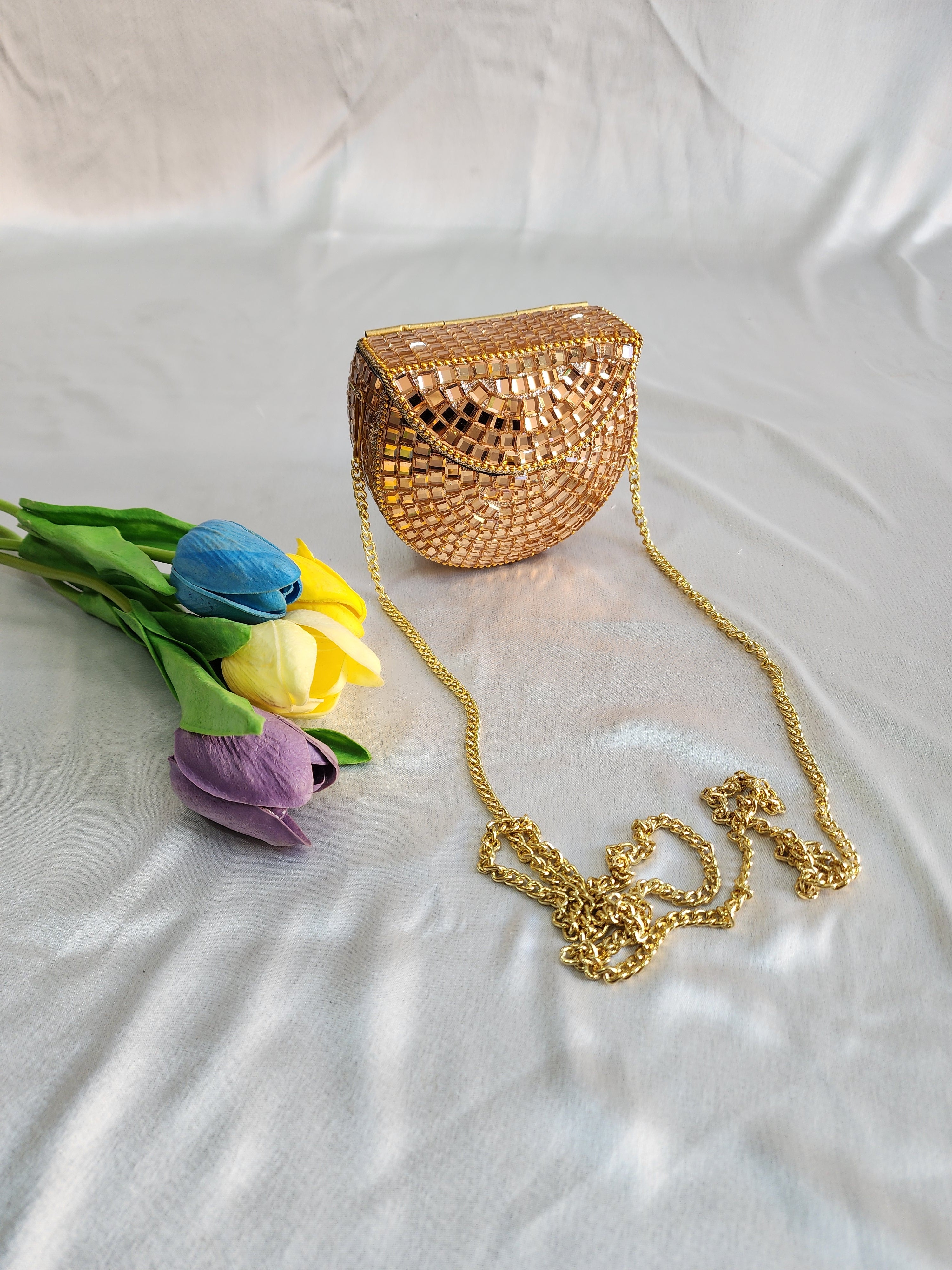 Handmade Rose Gold Mirror Clutch Purse with Sling