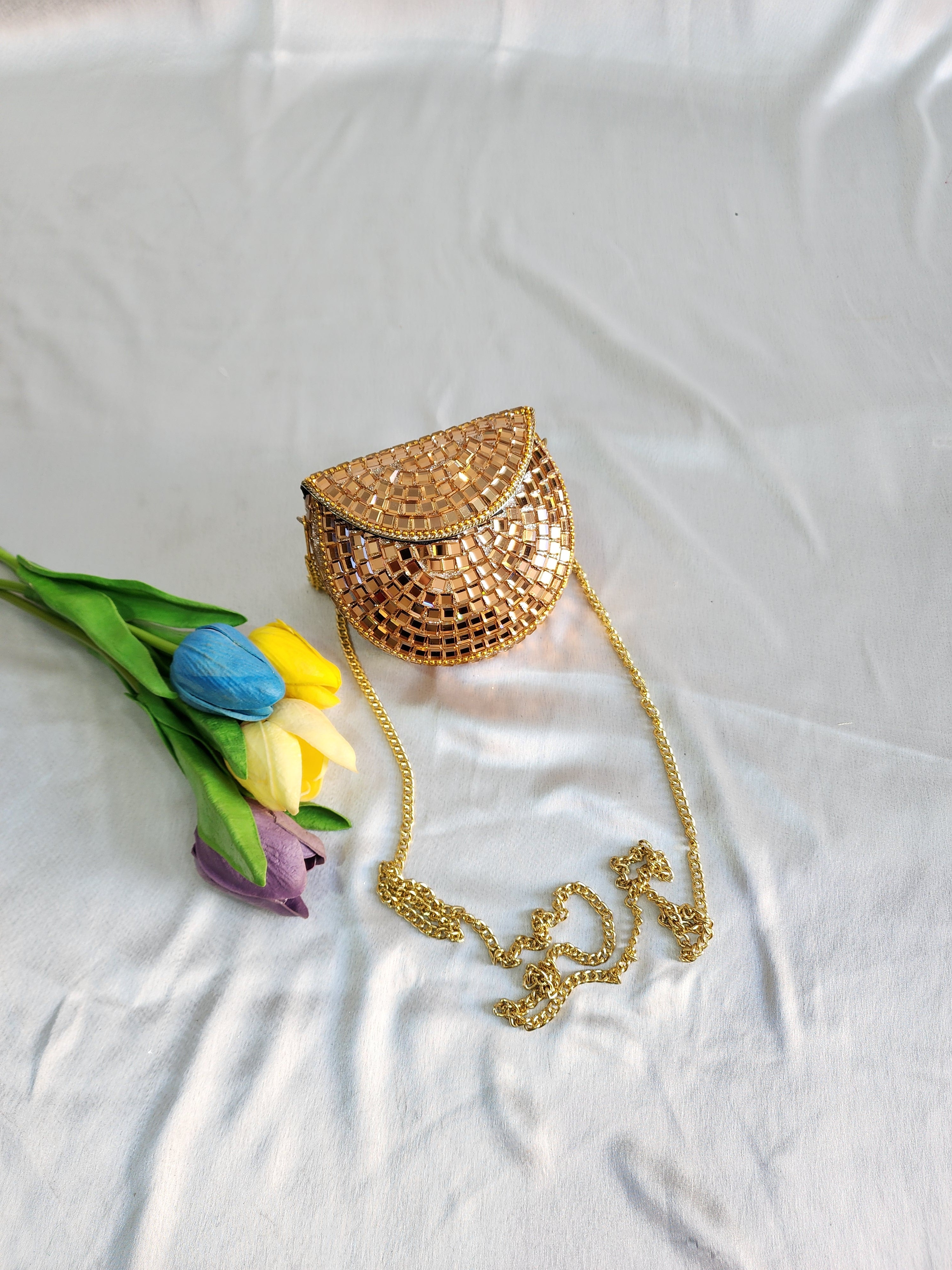 Handmade Rose Gold Mirror Clutch Purse with Sling