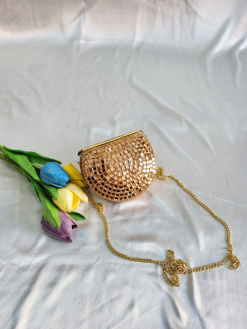 Handmade Rose Gold Mirror Clutch Purse with Sling
