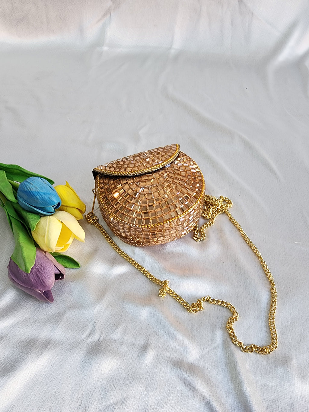 Handmade Rose Gold Mirror Clutch Purse with Sling