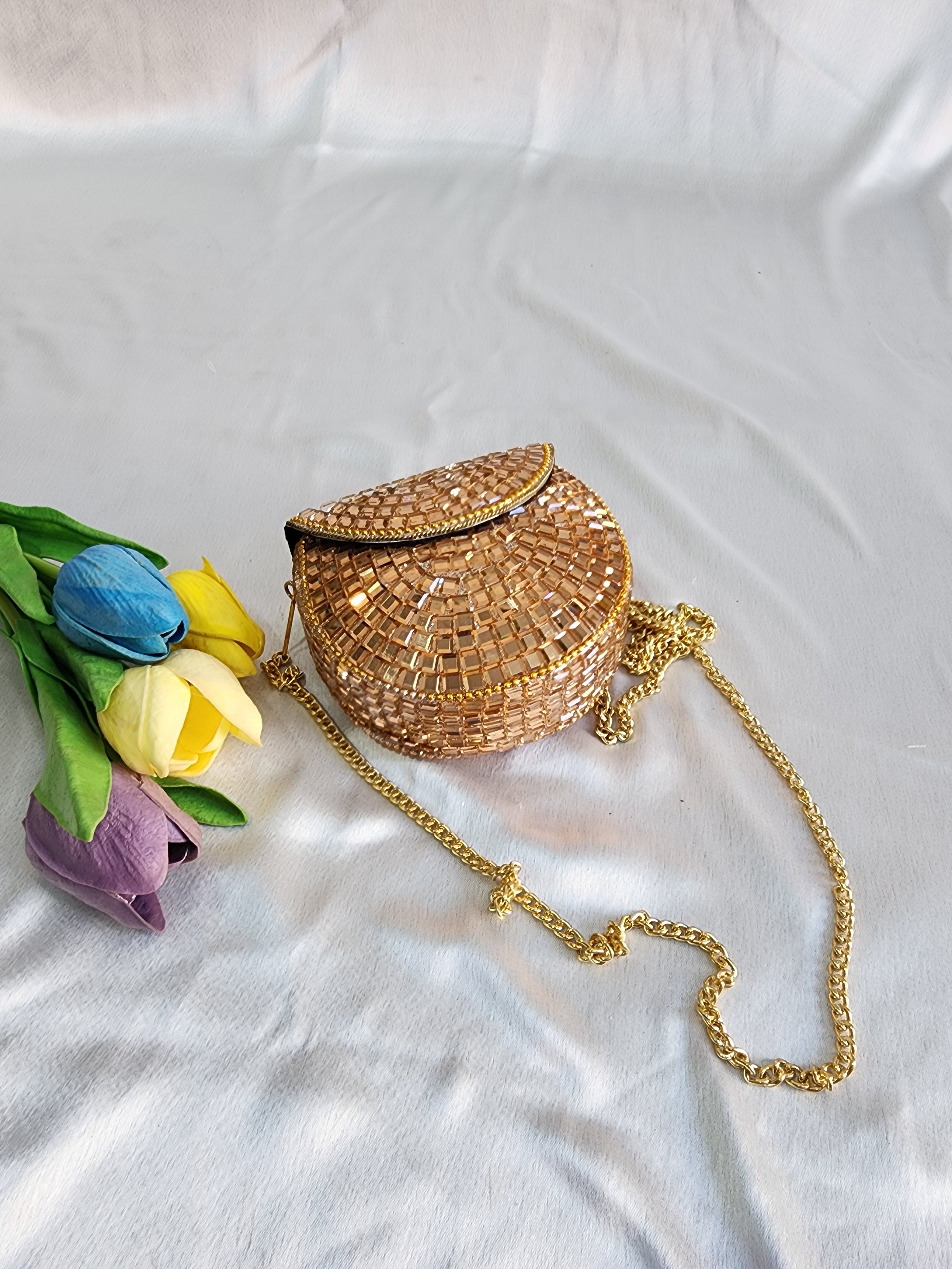 Handmade Rose Gold Mirror Clutch Purse with Sling