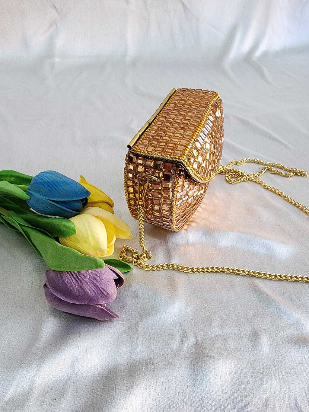 Handmade Rose Gold Mirror Clutch Purse with Sling