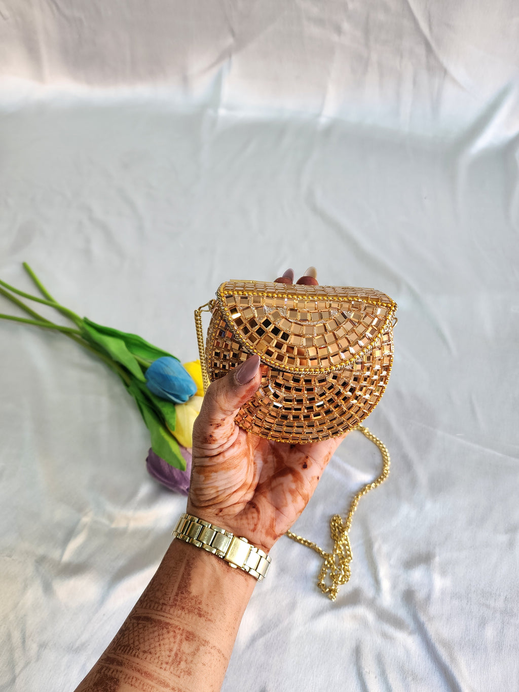 Handmade Rose Gold Mirror Clutch Purse with Sling