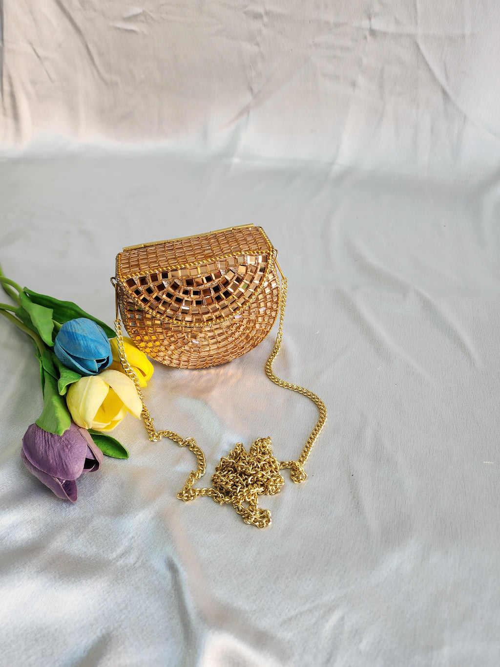 Handmade Rose Gold Mirror Clutch Purse with Sling