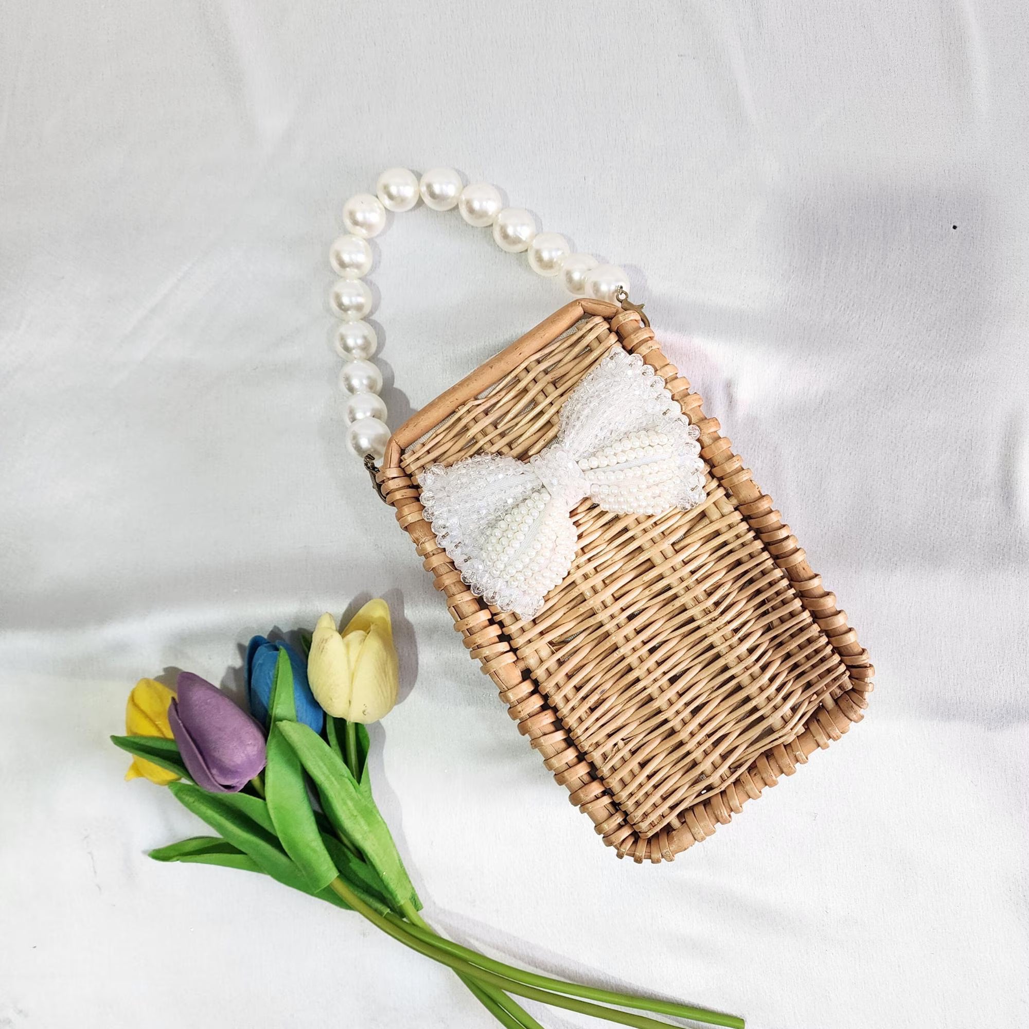 Wooden Rattan Bag with Pearl Sling