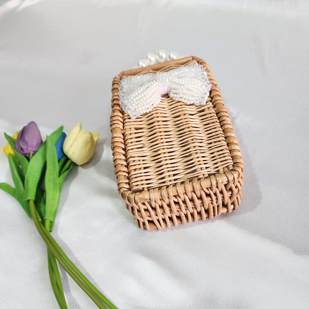 Wooden Rattan Bag with Pearl Sling