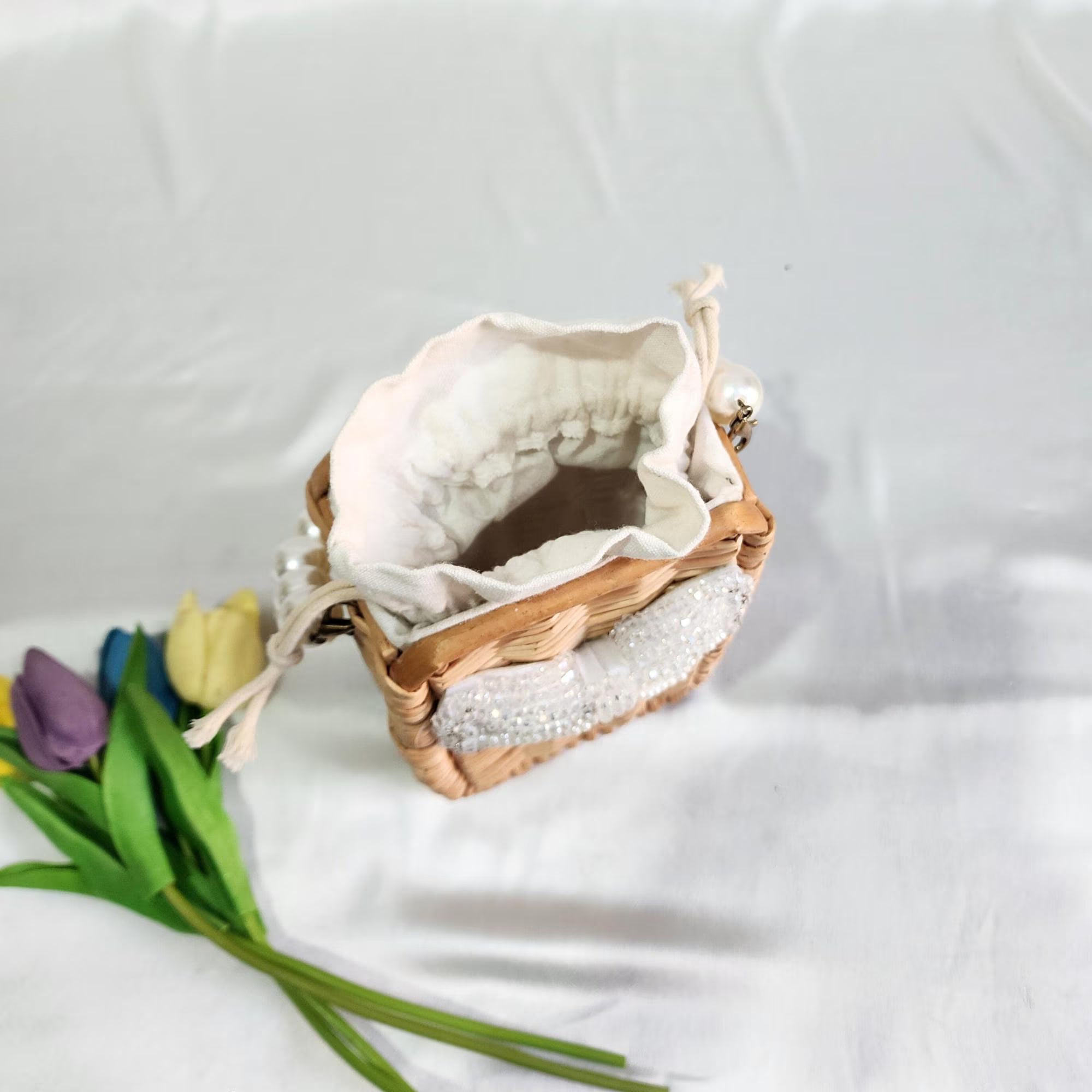 Wooden Rattan Bag with Pearl Sling