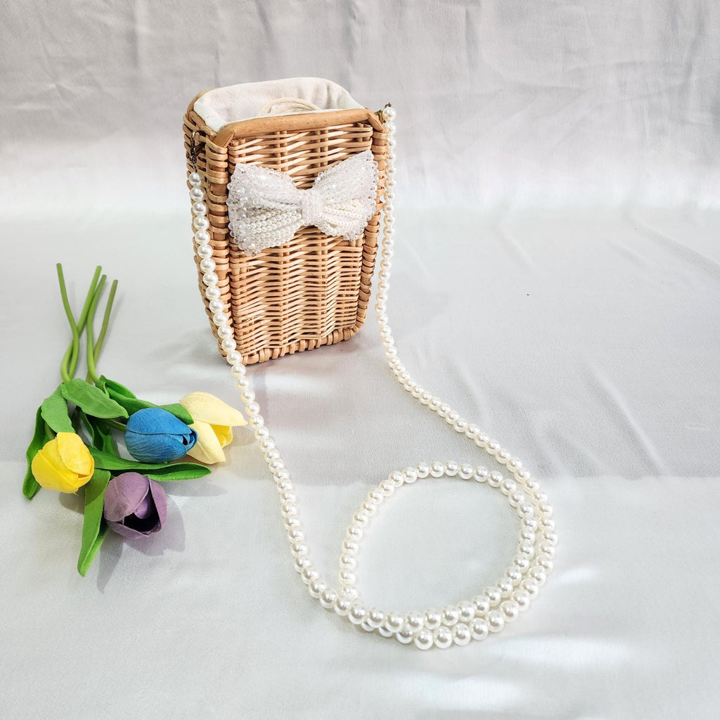 Wooden Rattan Bag with Pearl Sling
