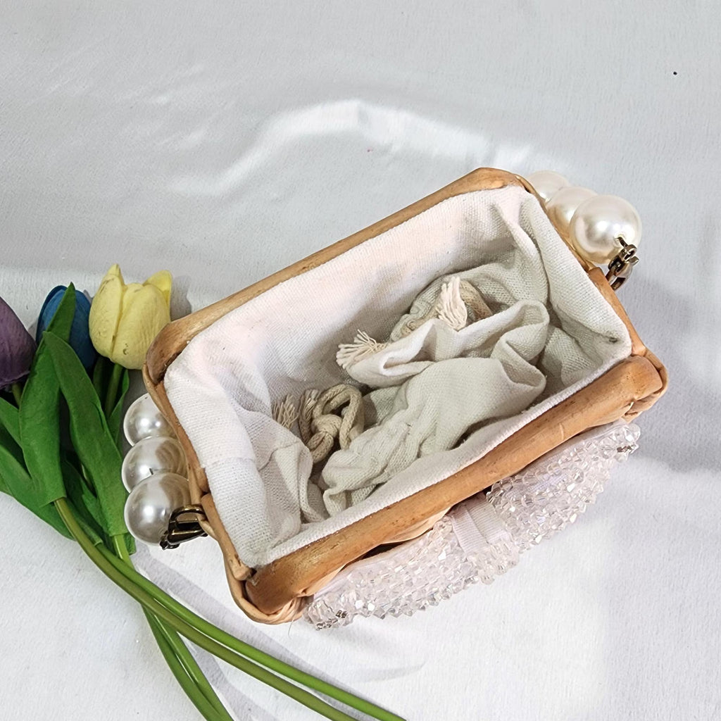 Wooden Rattan Bag with Pearl Sling