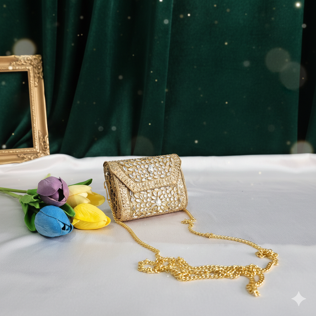 Kundan Stone Mini Clutch Purse - Golden