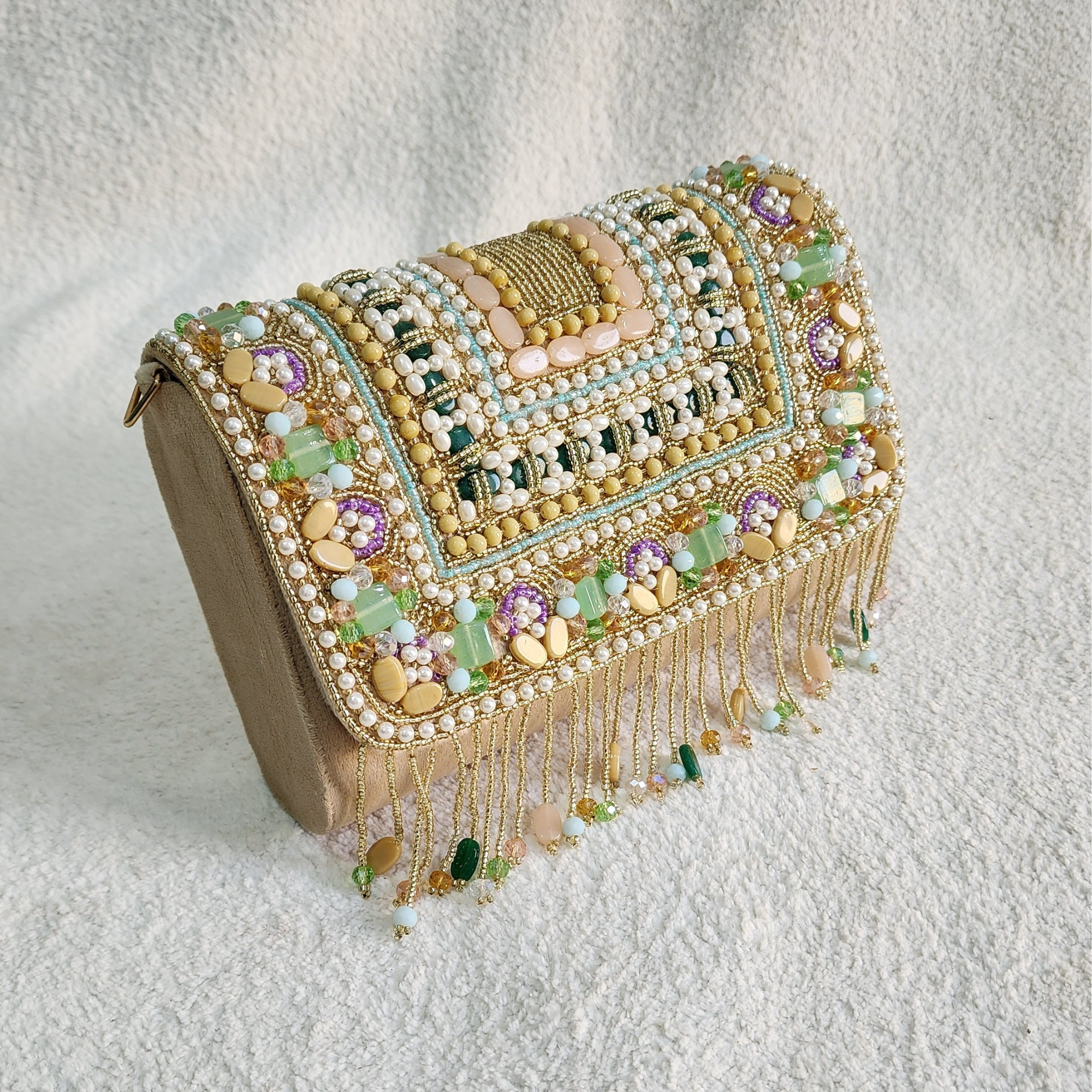 Handmade Beaded bag With Top Handle - Gold