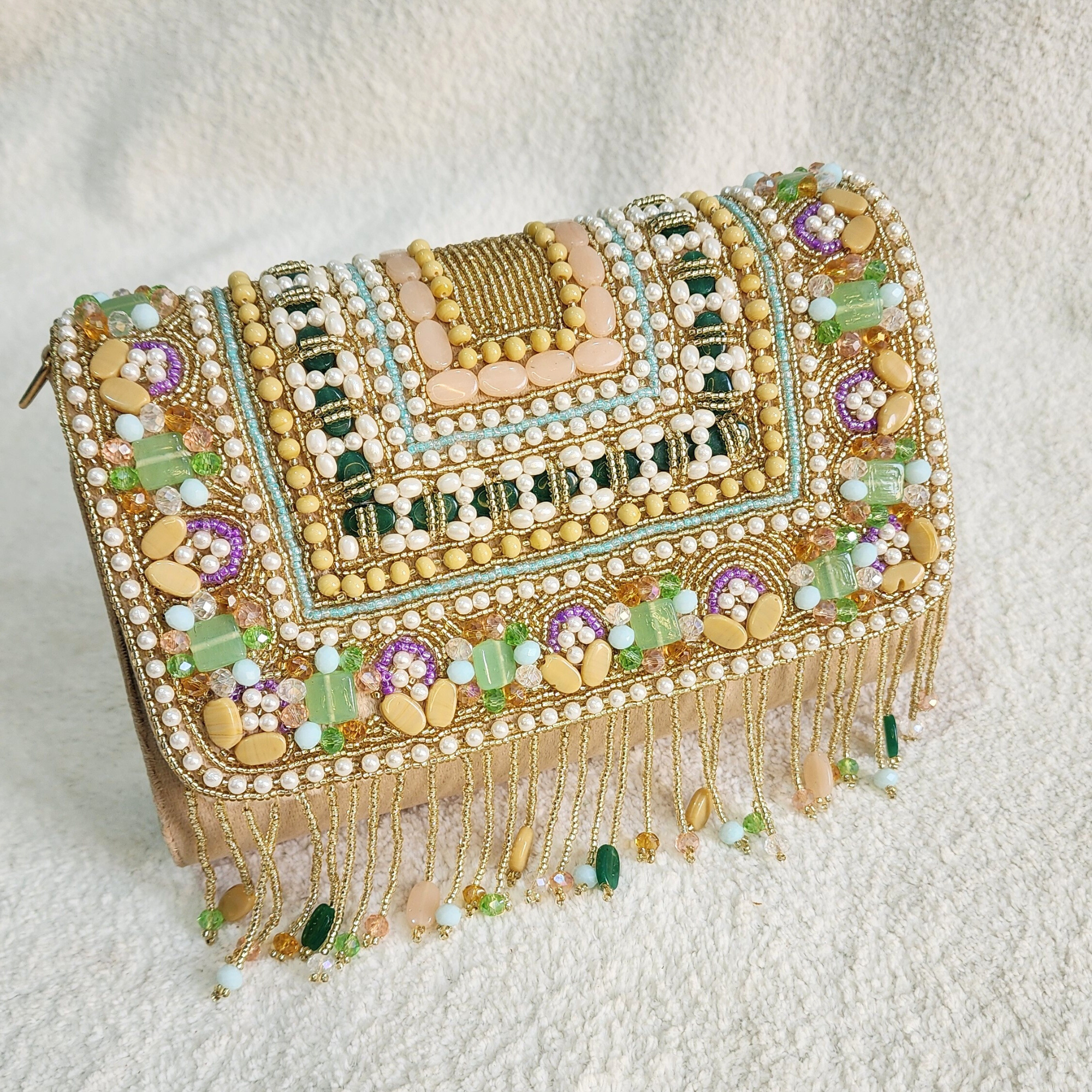 Handmade Beaded bag With Top Handle - Gold