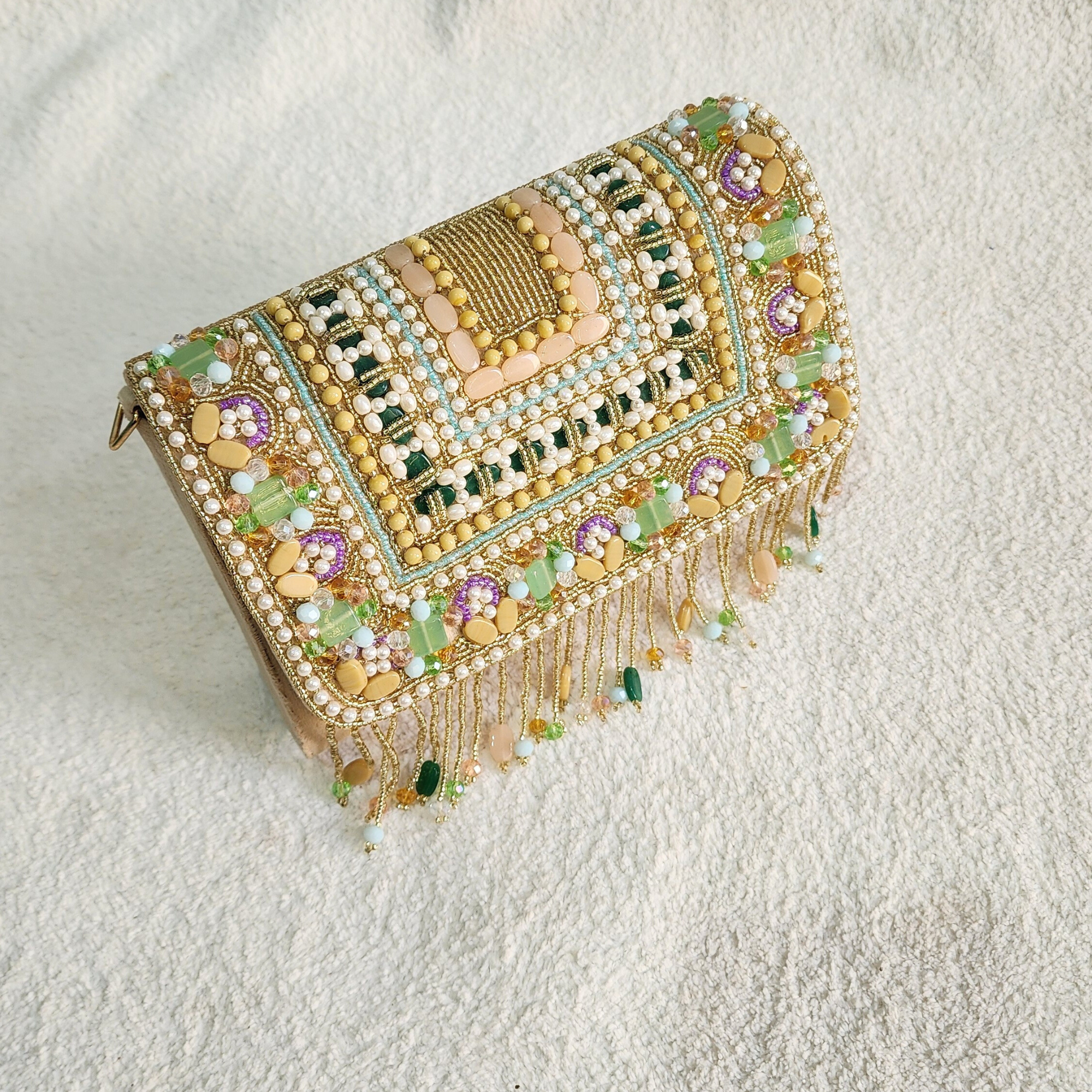 Handmade Beaded bag With Top Handle - Gold