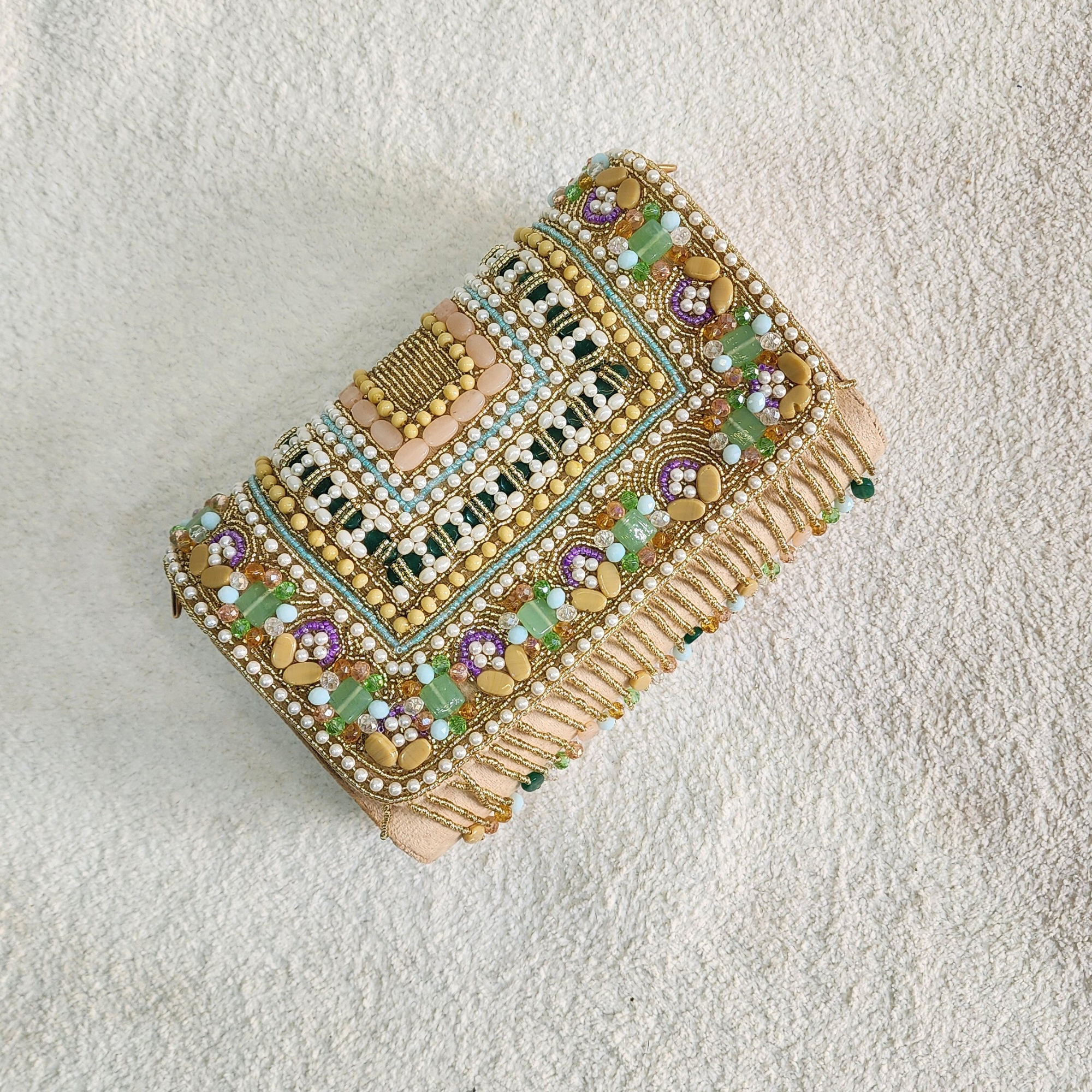 Handmade Beaded bag With Top Handle - Gold