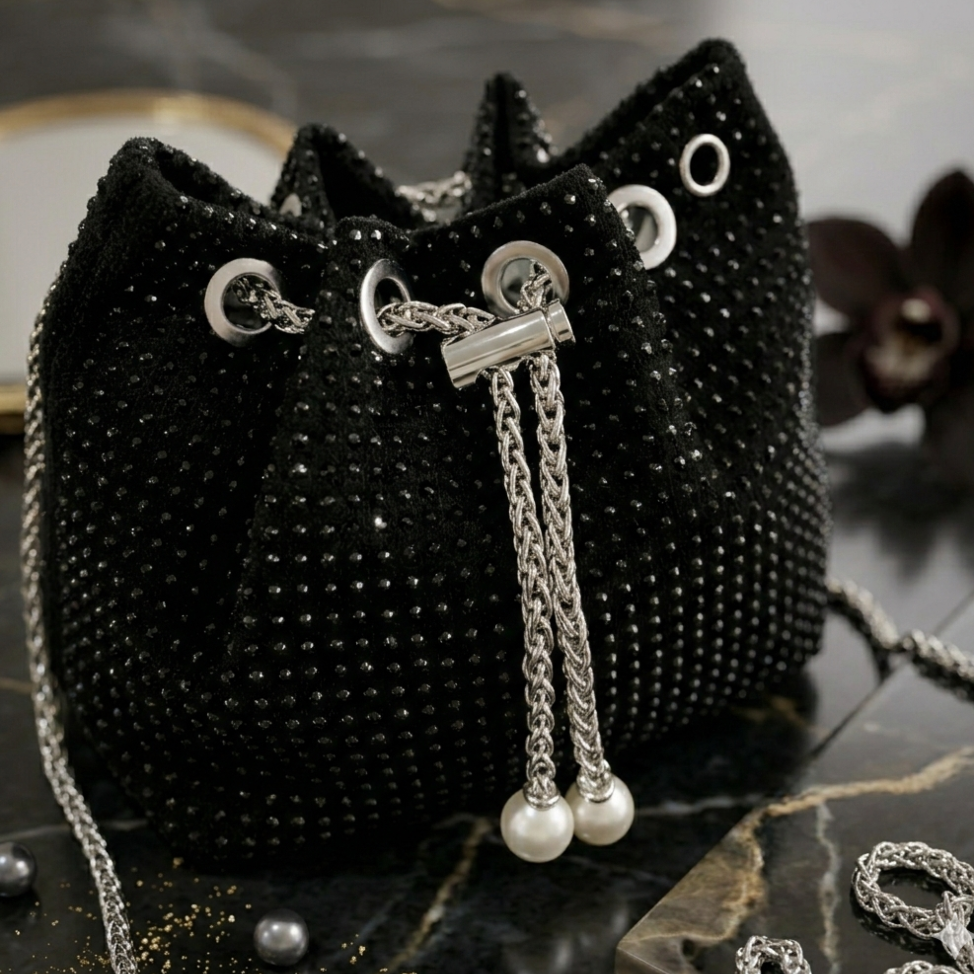 Sequence Beaded Sling Purse - Black