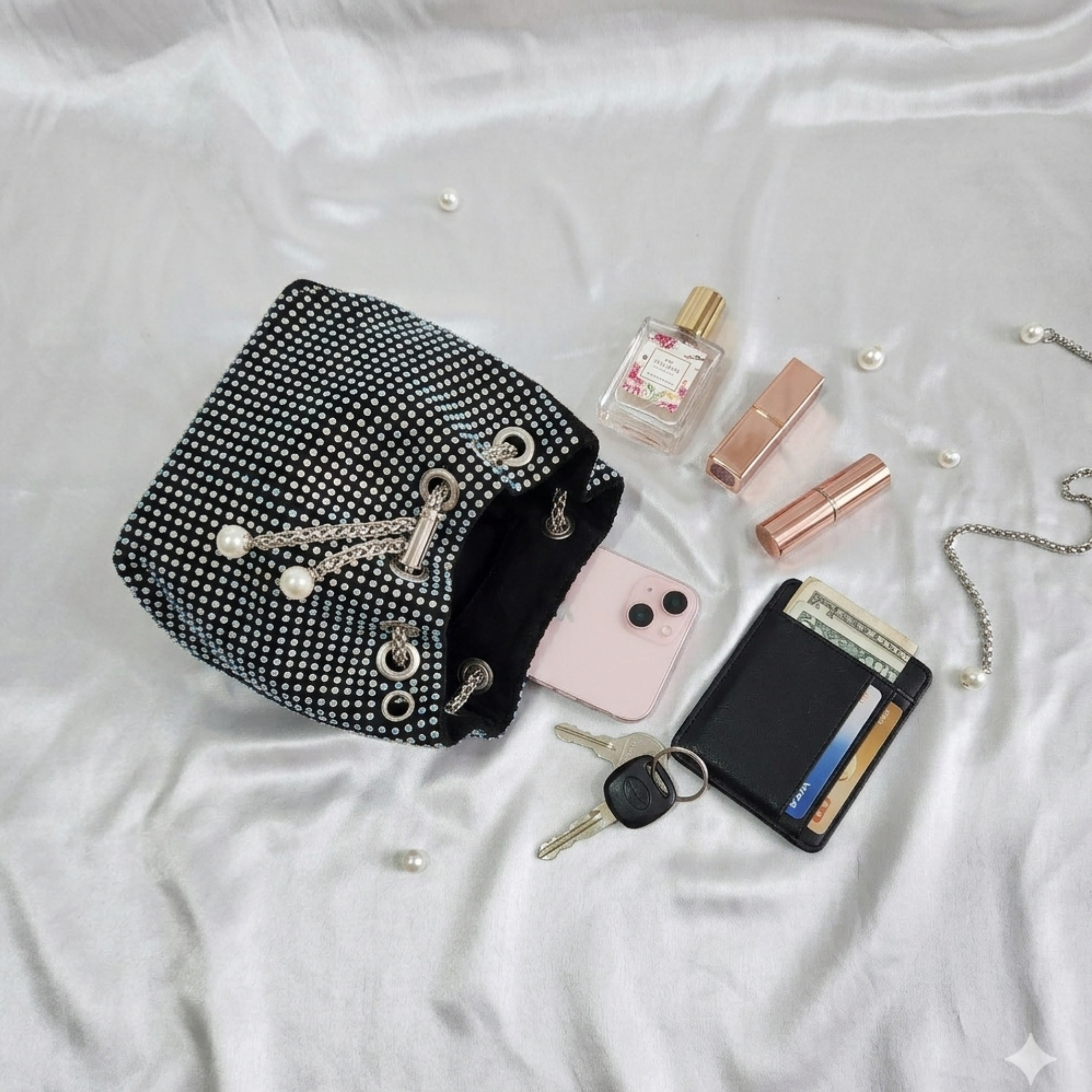 Sequence Beaded Sling Purse - Black n Silver