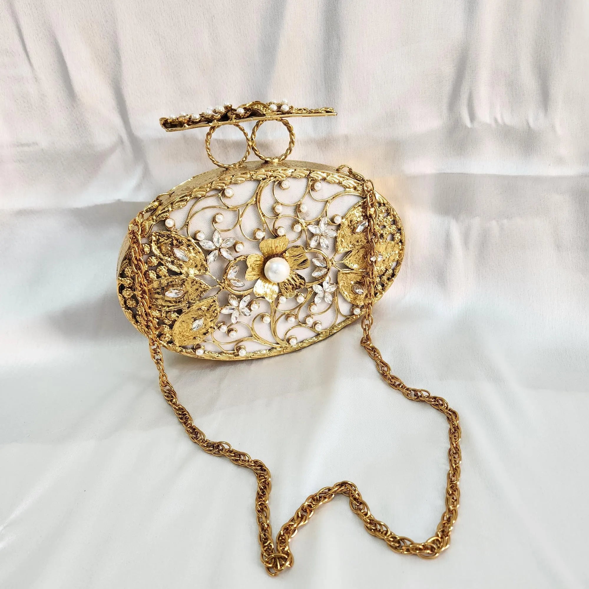 Pearl Clutch with Sling - White & Gold