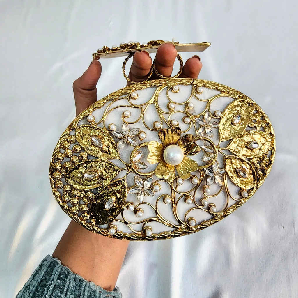 Pearl Clutch with Sling - White & Gold