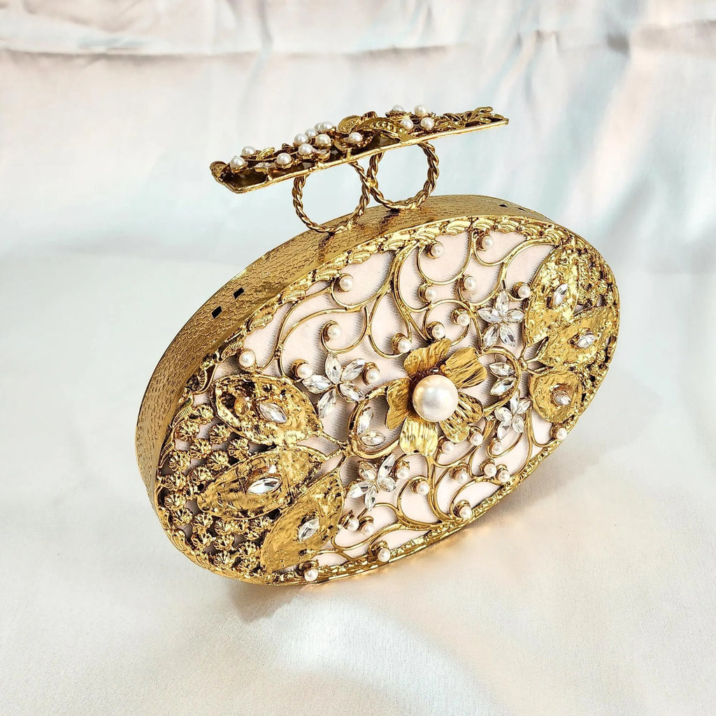 Pearl Clutch with Sling - White & Gold