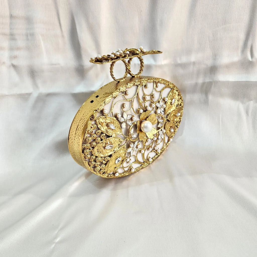 Pearl Clutch with Sling - White & Gold