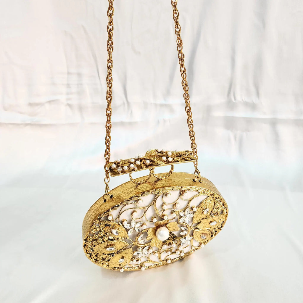 Pearl Clutch with Sling - White & Gold