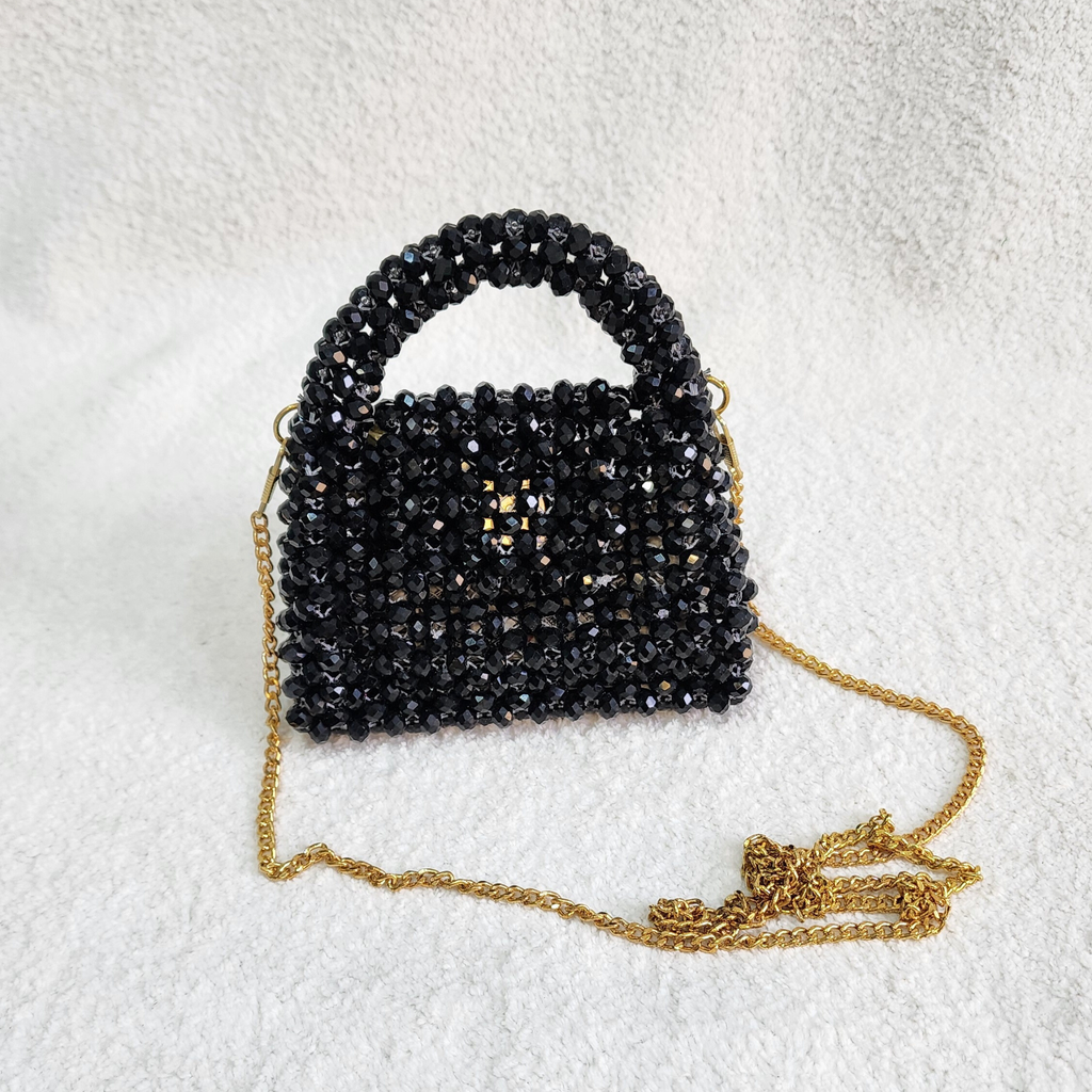 Black Crystal Beaded Bag with Sling Evening Party Wear