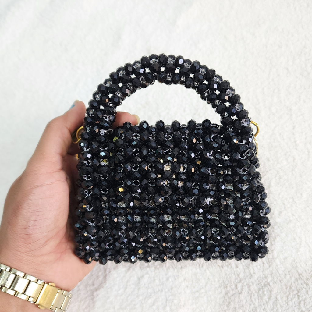 Black Crystal Beaded Bag with Sling Evening Party Wear