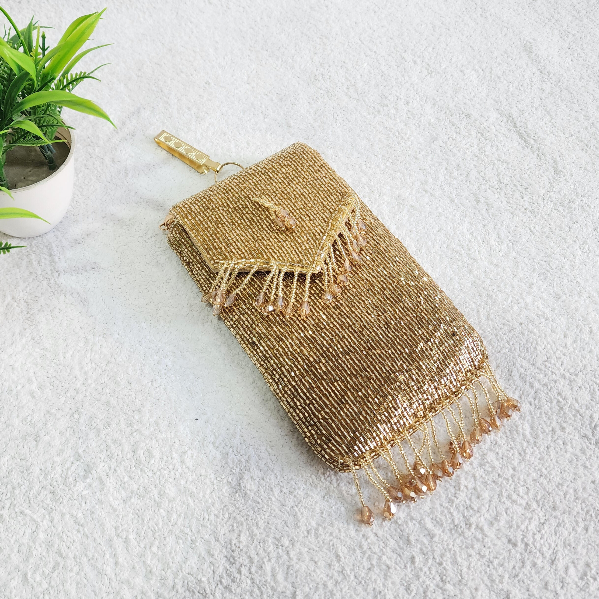 Handmade Crystal Beaded Mobile Phone Bag Golden