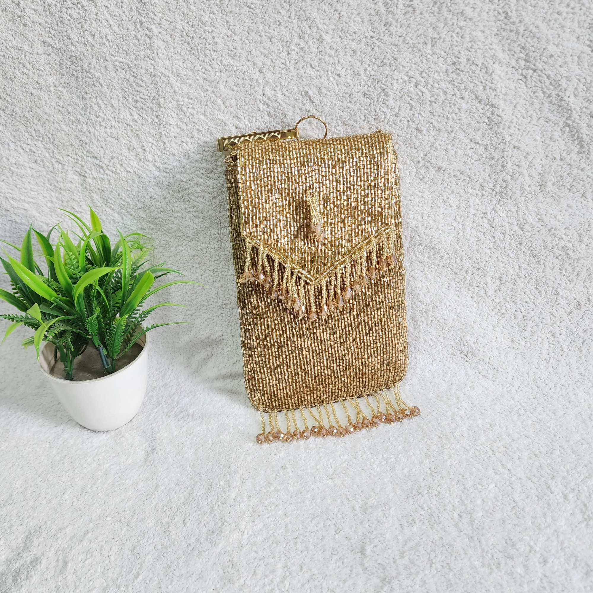 Handmade Crystal Beaded Mobile Phone Bag Golden
