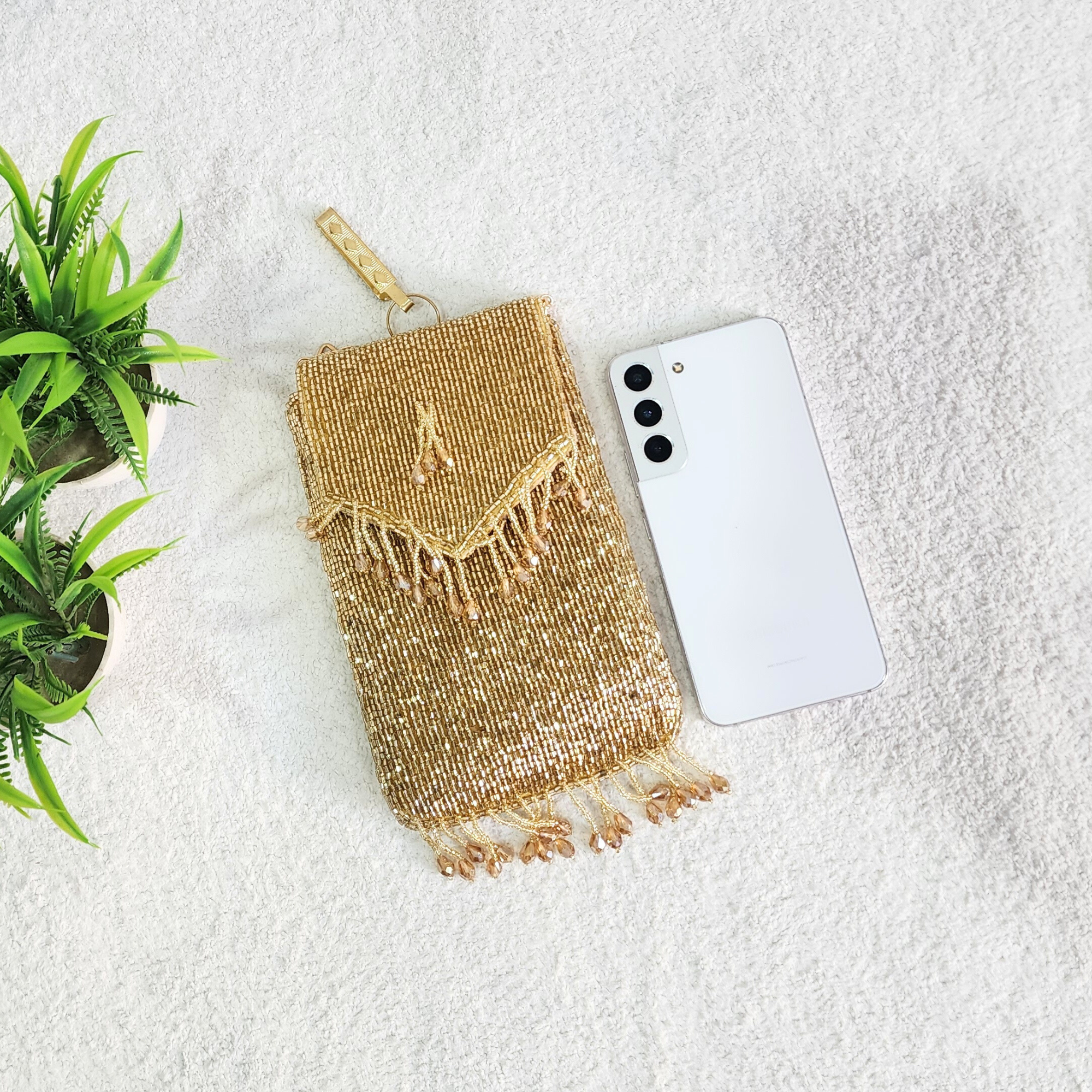 Handmade Crystal Beaded Mobile Phone Bag Golden