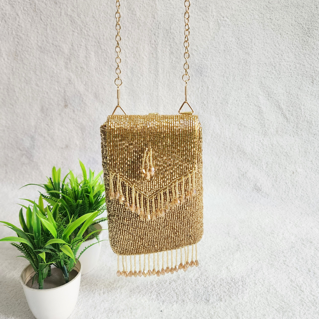 Handmade Crystal Beaded Mobile Phone Bag Golden
