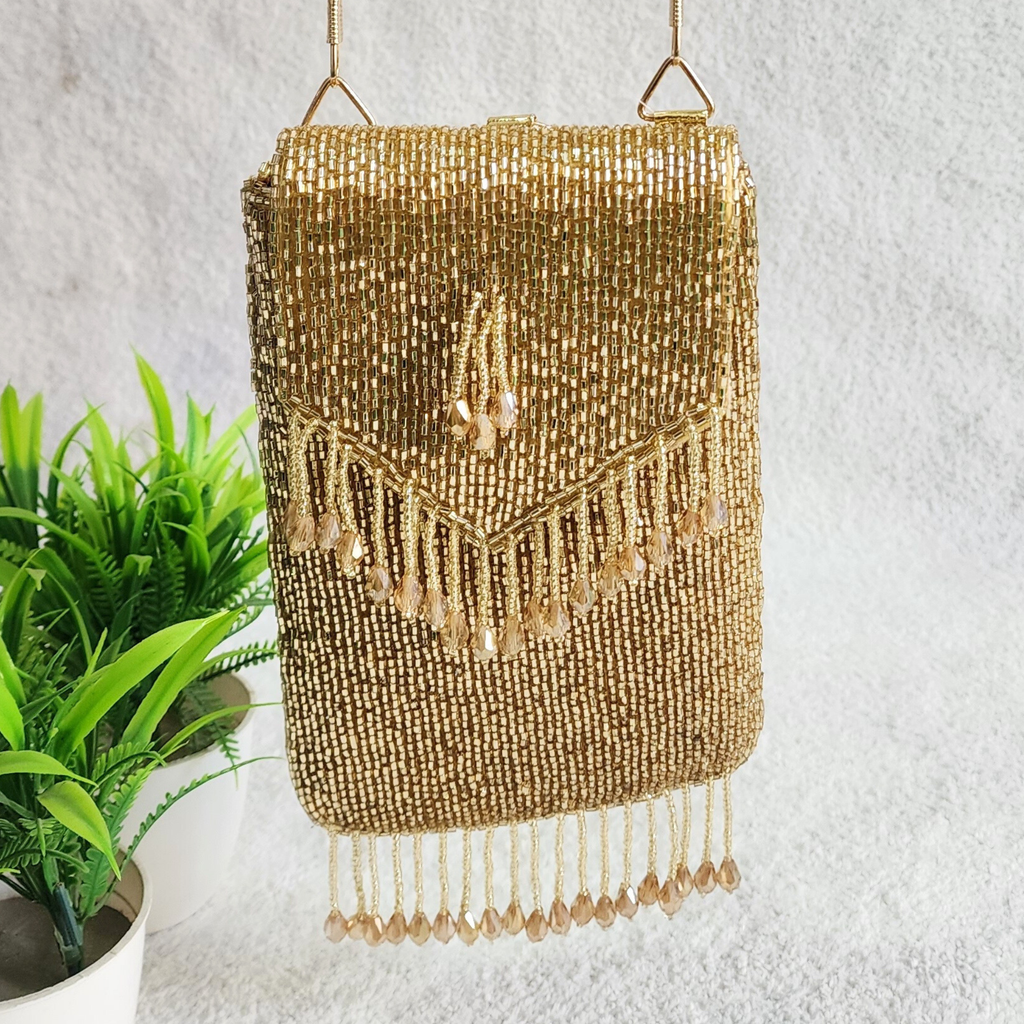 Handmade Crystal Beaded Mobile Phone Bag Golden
