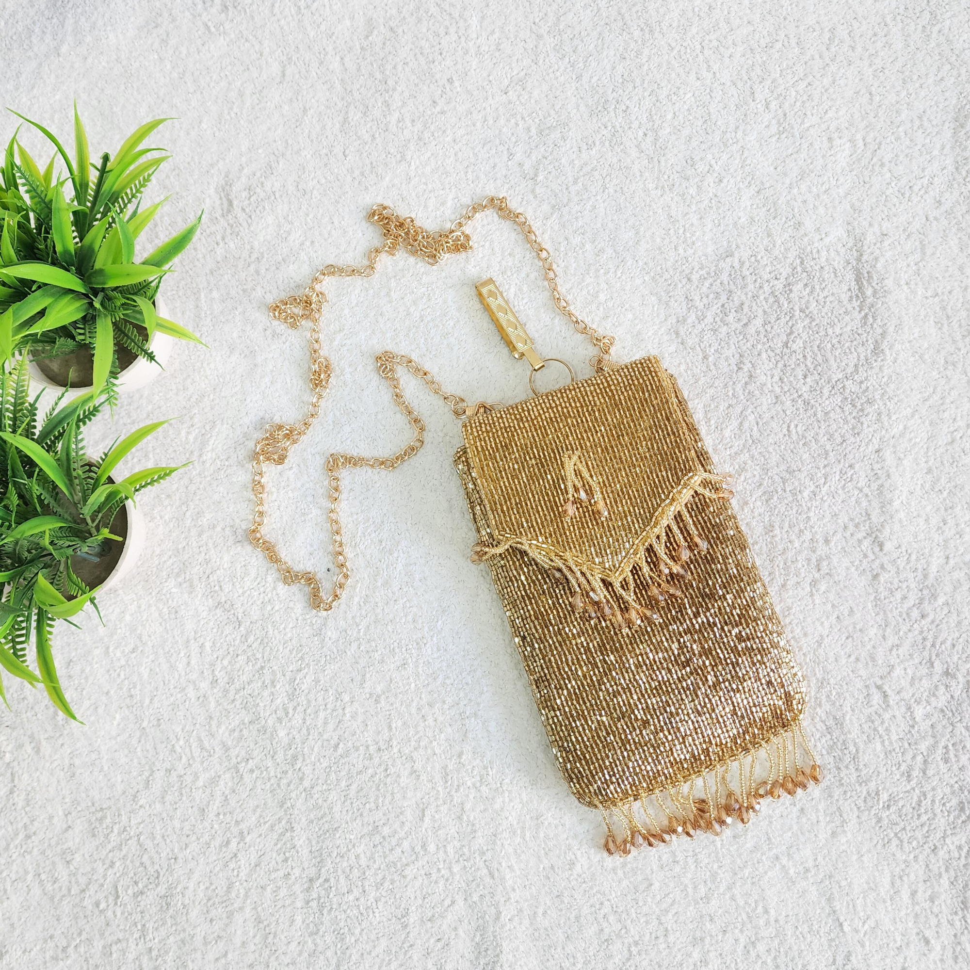 Handmade Crystal Beaded Mobile Phone Bag Golden