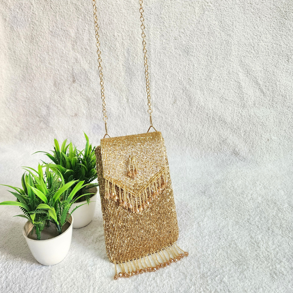 Handmade Crystal Beaded Mobile Phone Bag Golden