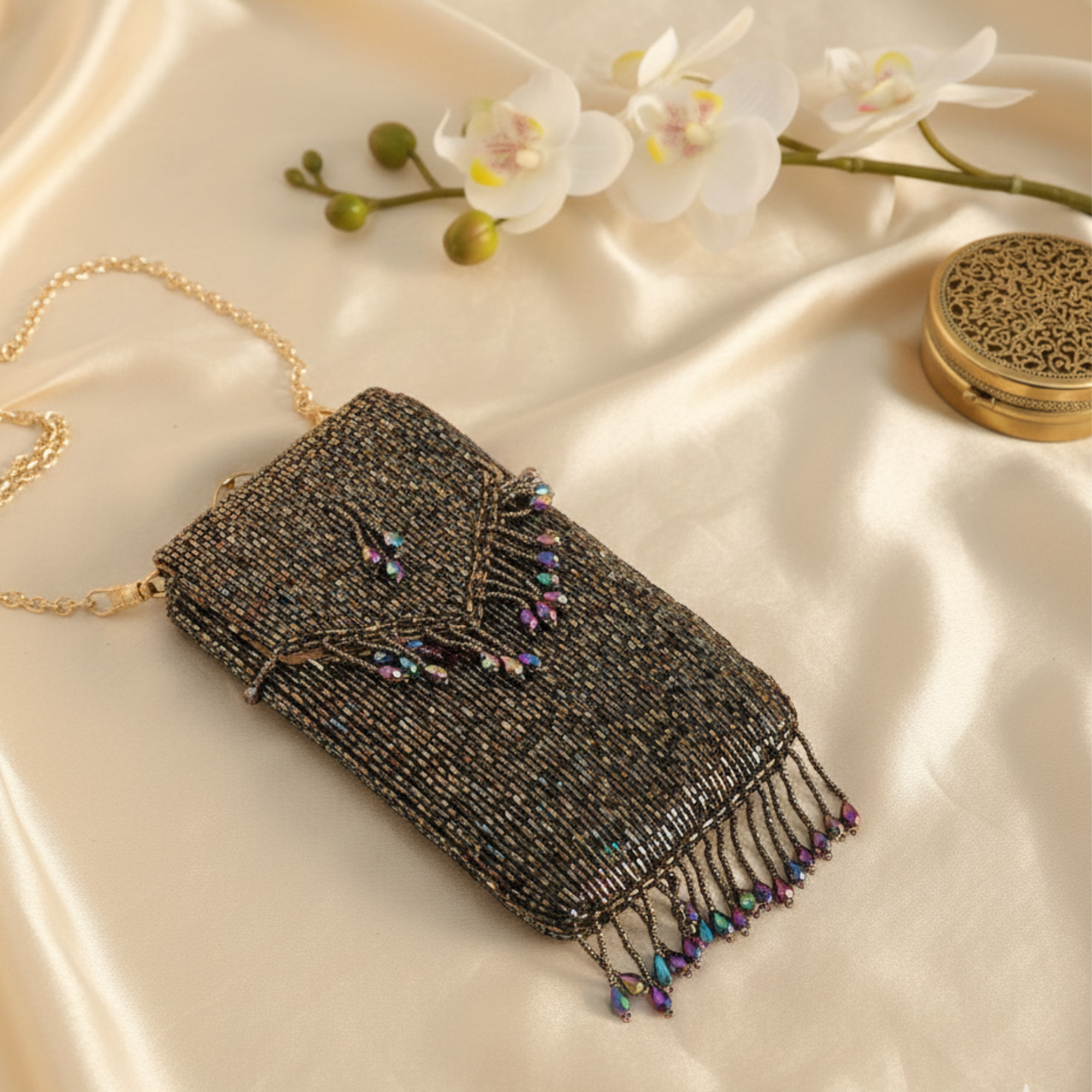 Handmade Crystal Beaded Mobile Phone Bag Black