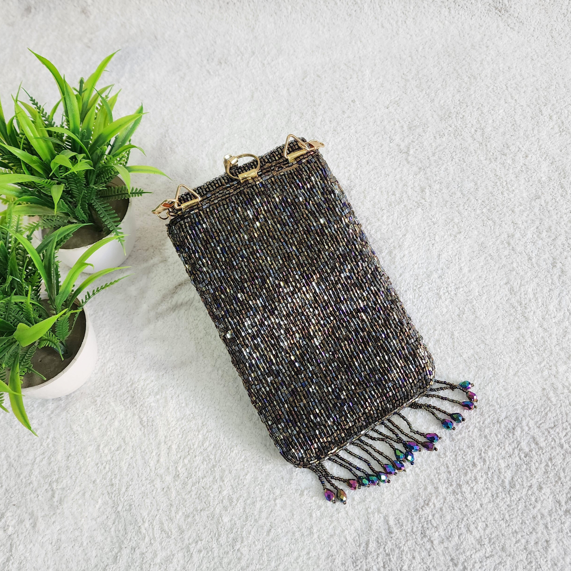 Handmade Crystal Beaded Mobile Phone Bag Black