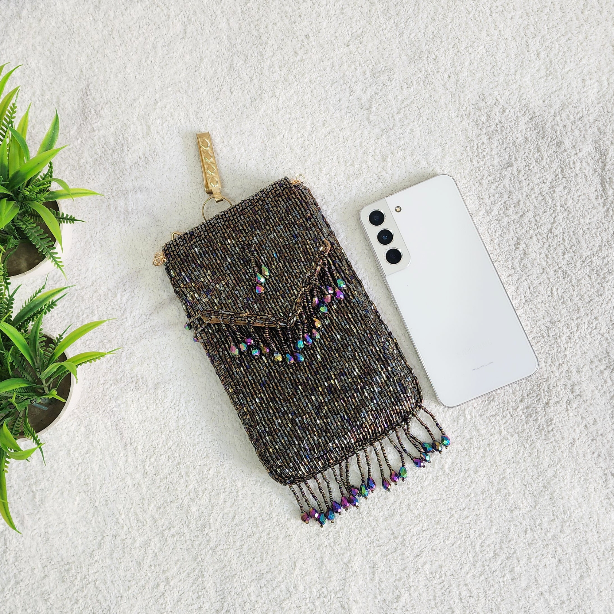 Handmade Crystal Beaded Mobile Phone Bag Black