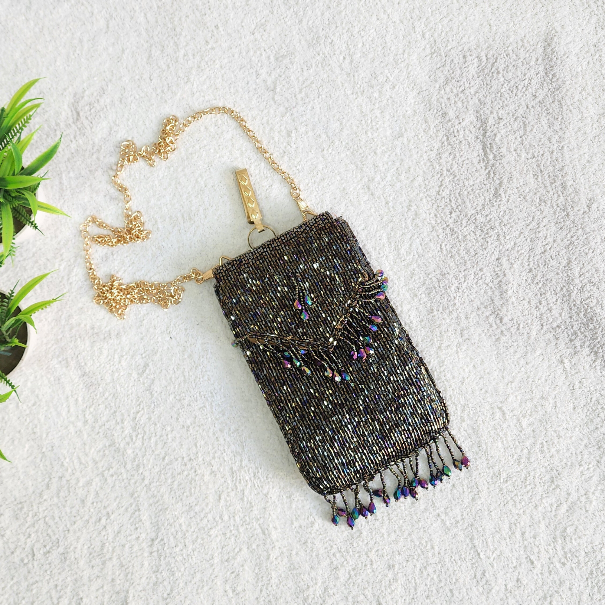 Handmade Crystal Beaded Mobile Phone Bag Black