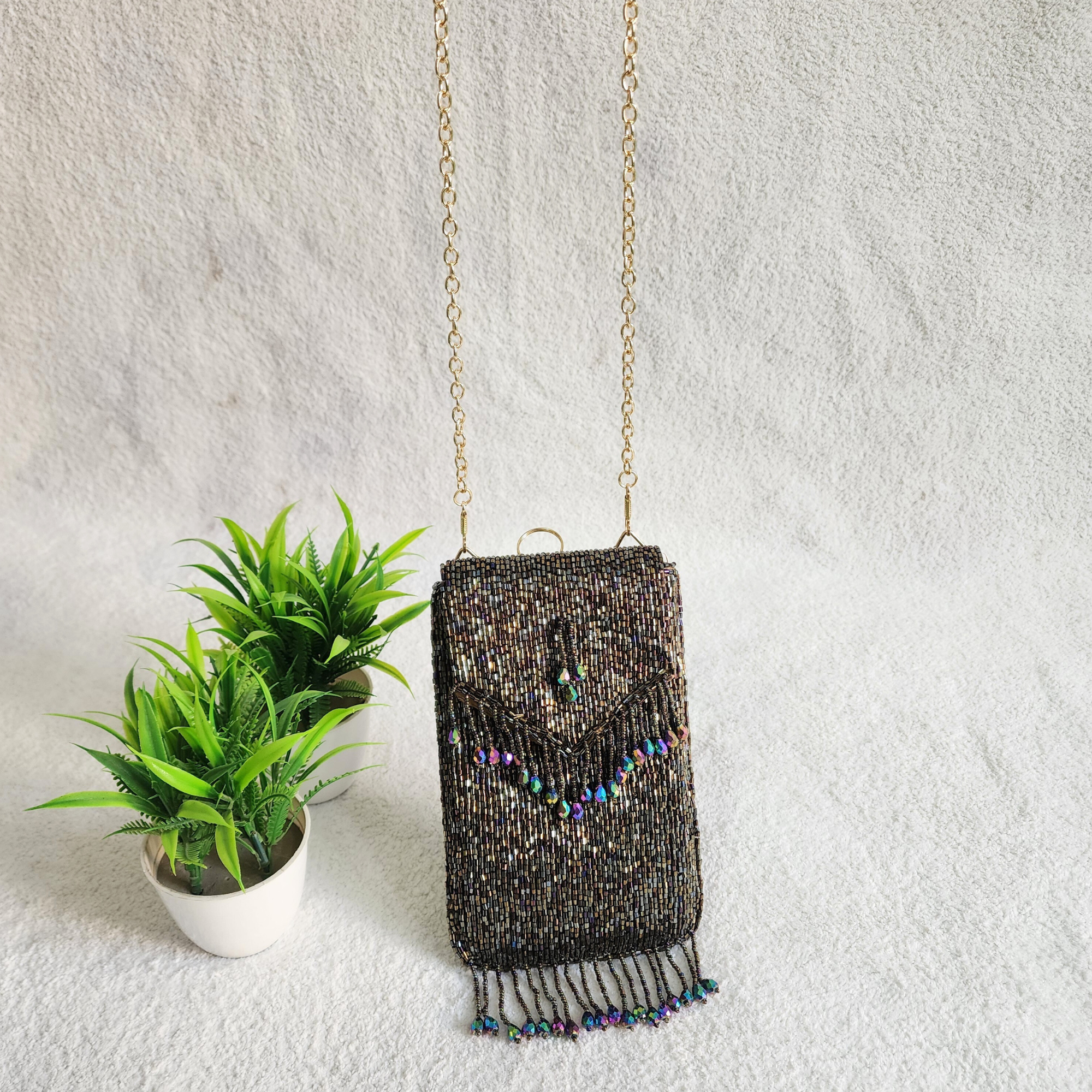 Handmade Crystal Beaded Mobile Phone Bag Black