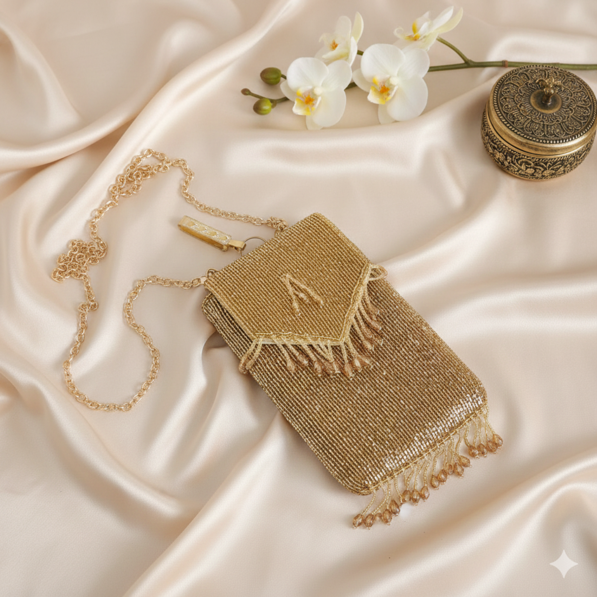 Handmade Crystal Beaded Mobile Phone Bag Golden