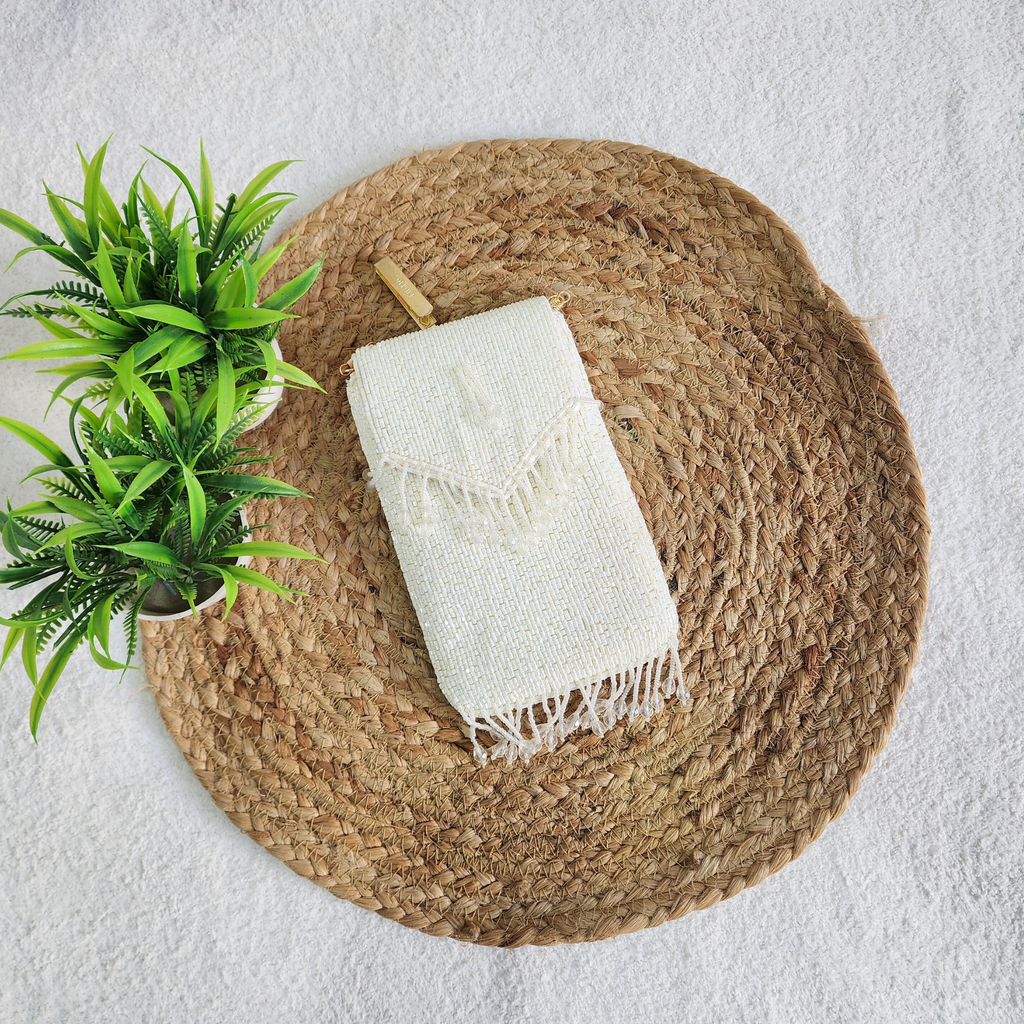 Handmade Crystal Beaded Mobile Phone Bag White
