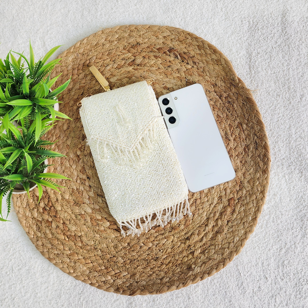 Handmade Crystal Beaded Mobile Phone Bag White