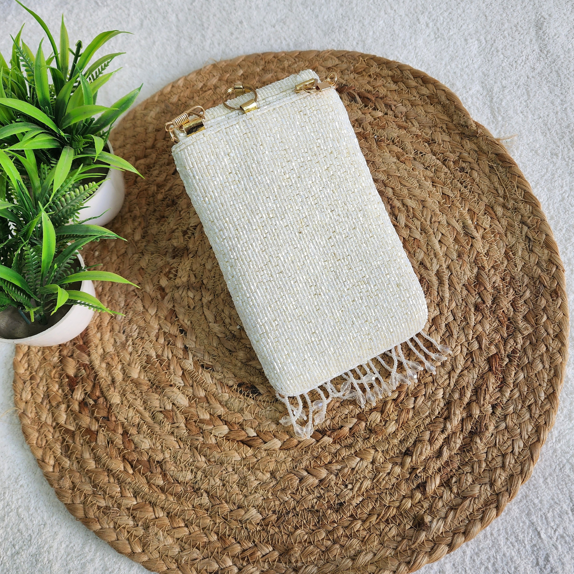 Handmade Crystal Beaded Mobile Phone Bag White