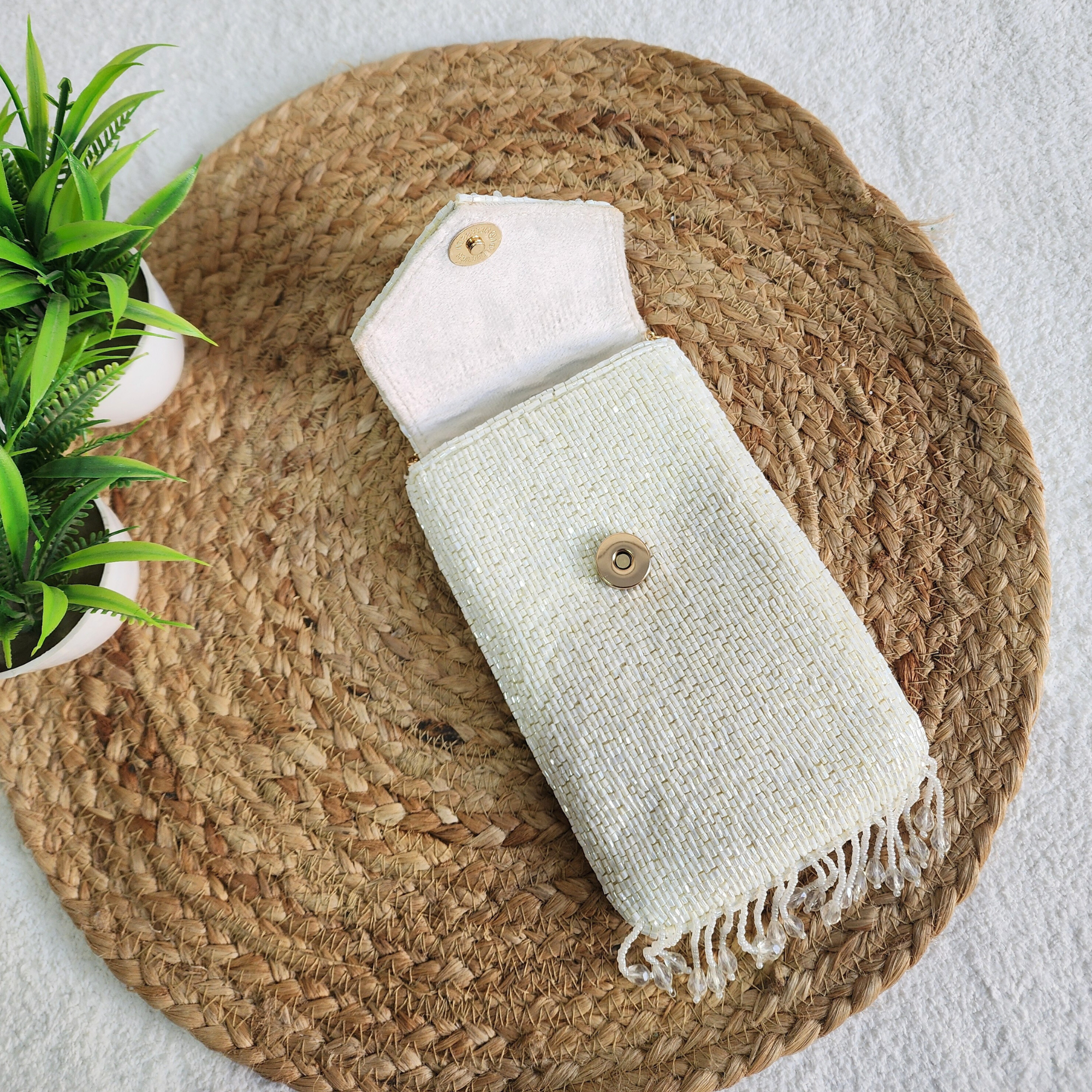 Handmade Crystal Beaded Mobile Phone Bag White