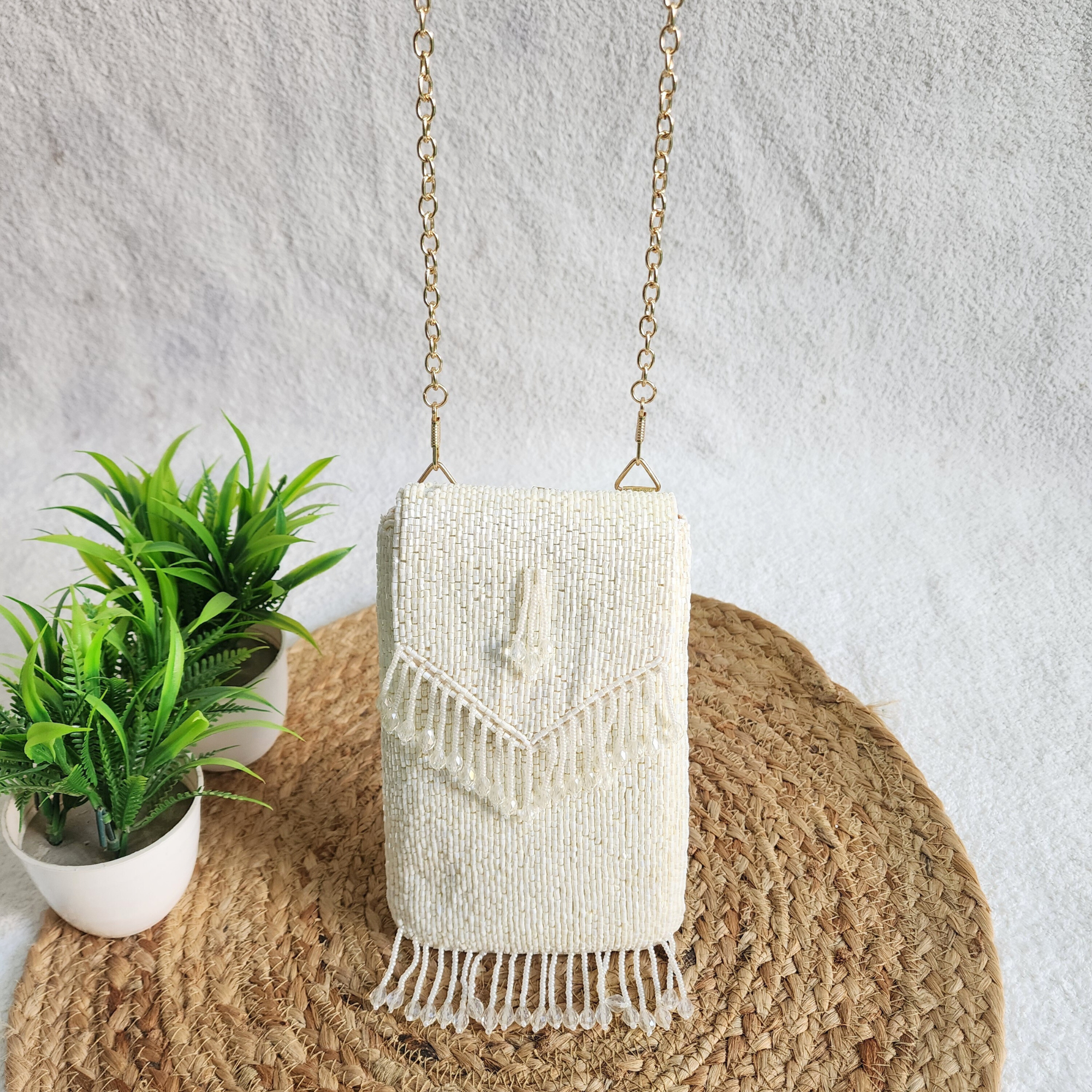 Handmade Crystal Beaded Mobile Phone Bag White