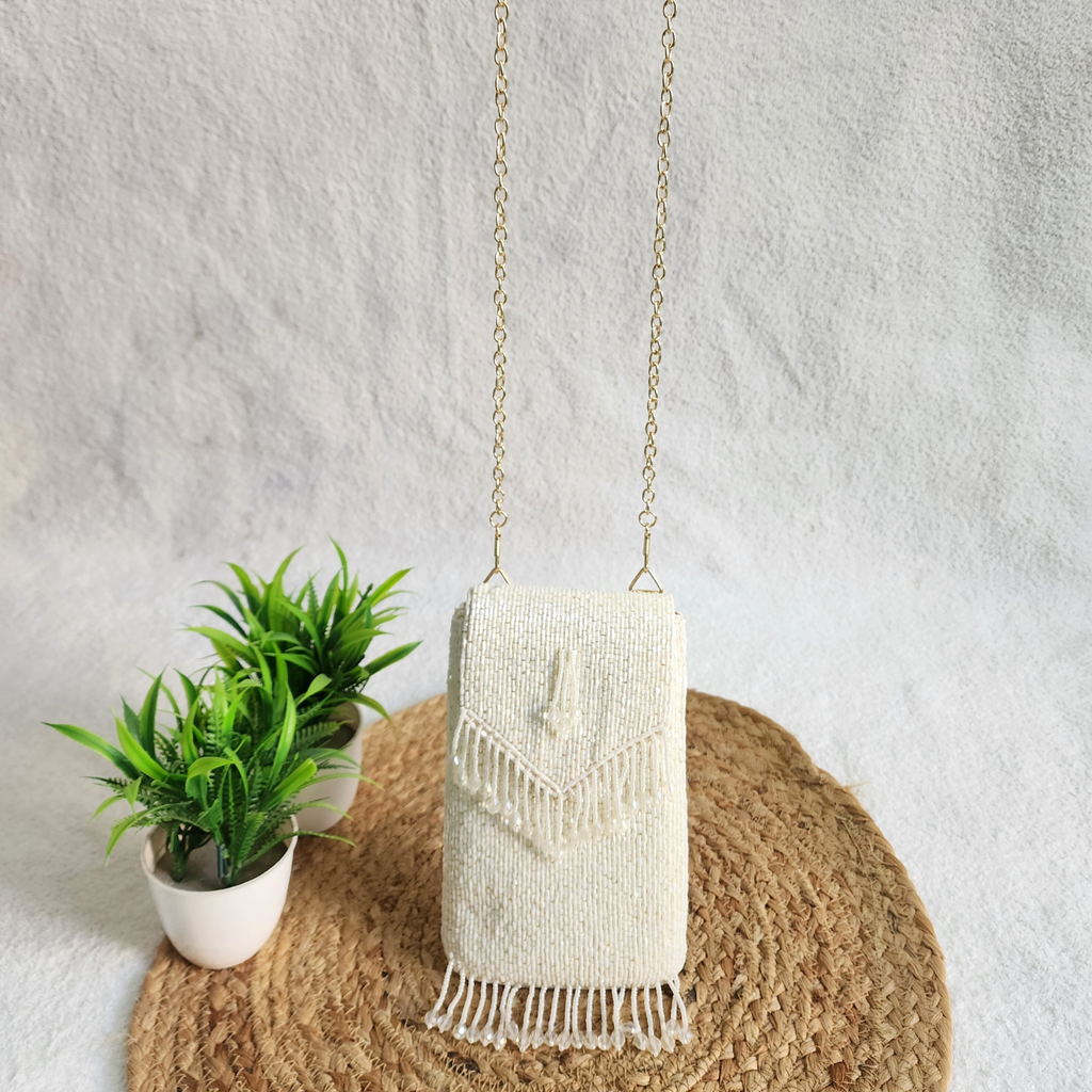 Handmade Crystal Beaded Mobile Phone Bag White