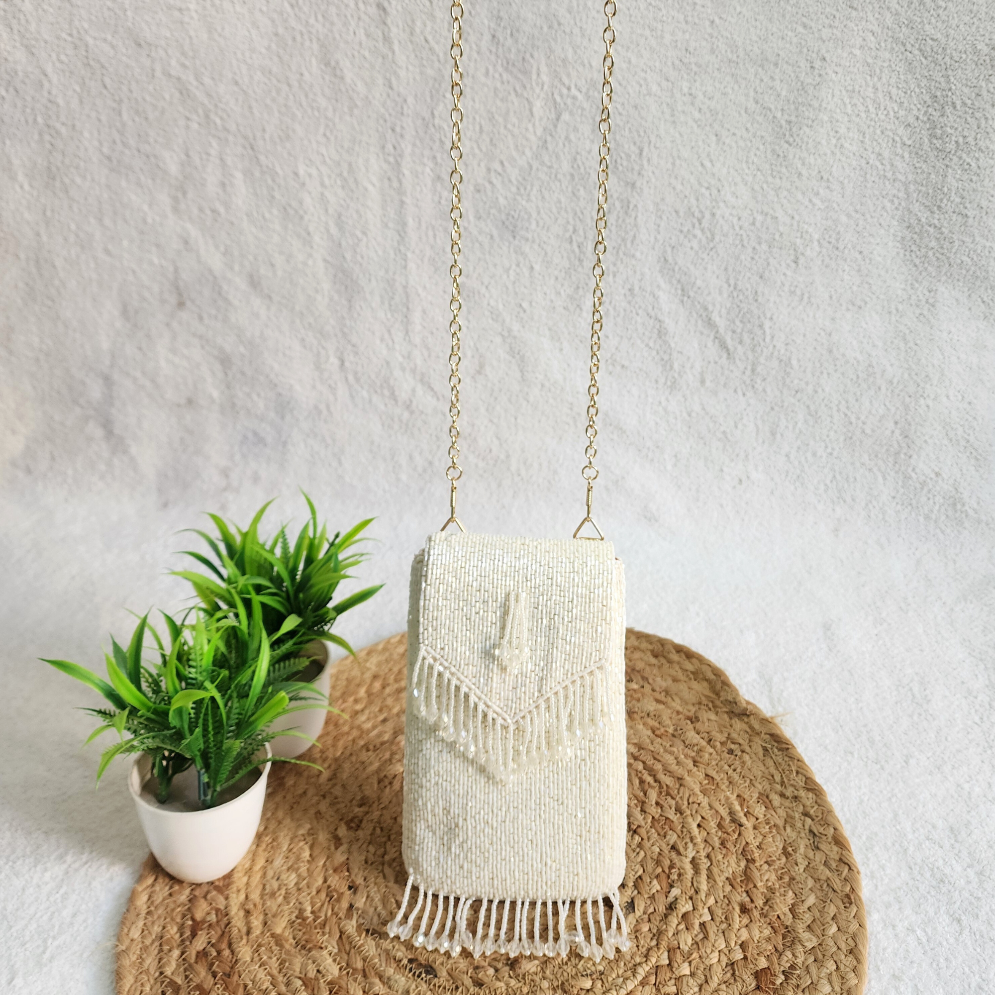 Handmade Crystal Beaded Mobile Phone Bag White
